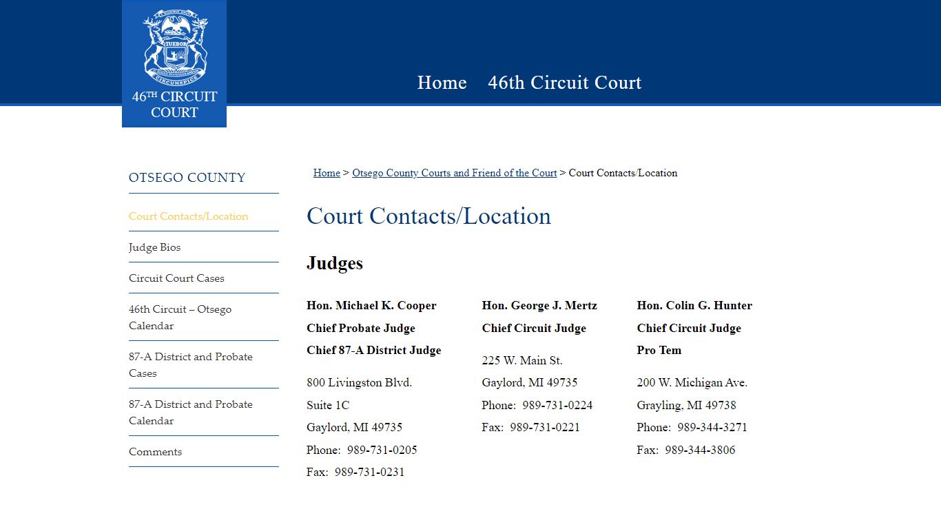46th Circuit Court Location Otsego County Michigan